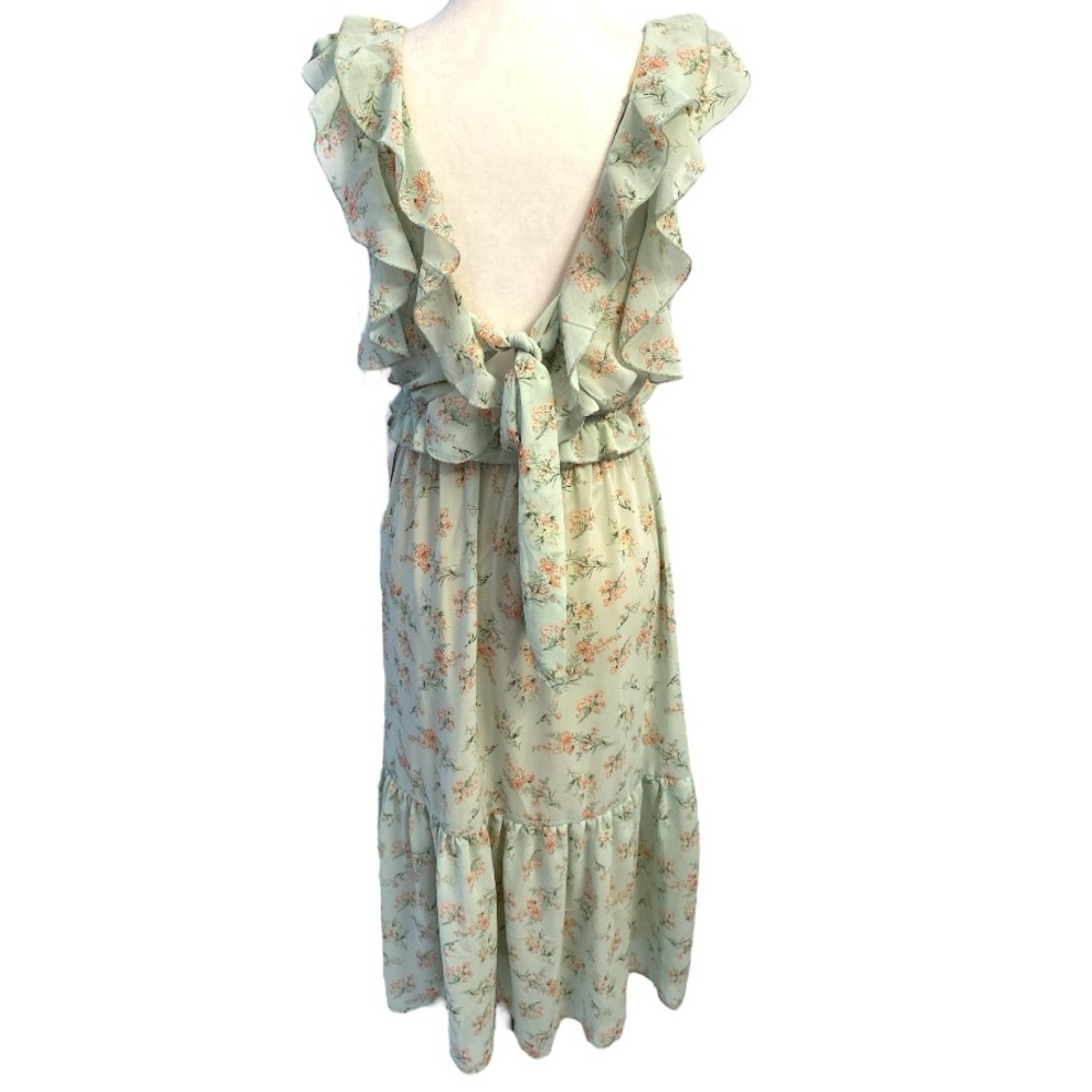 Dex NWT Ruffle Floral Midi Dress Tie Back Green Pink Size S Flowy - Picture 8 of 15